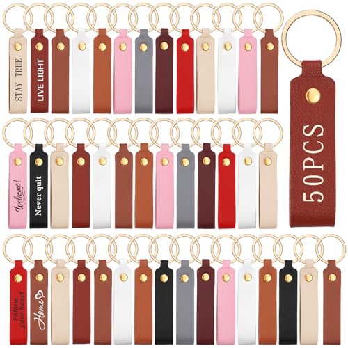 50 Pcs Leather Keychains, PU Leather Keychain Blanks, Key Chains Kit - color: 10colors, 50pcs
