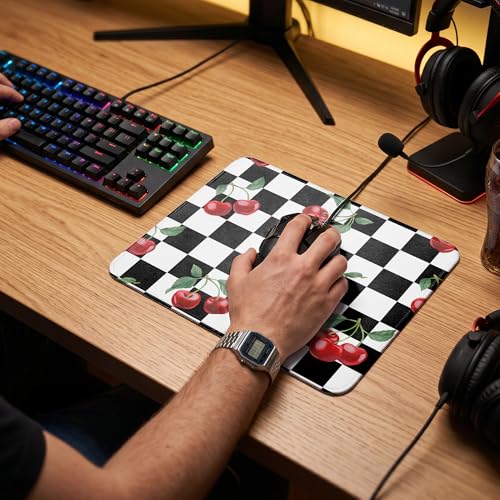 Black Checkered Cherry Mouse Pad, Black and White Checkerboard Cherry Girly Aesthetic Mouse Pad for Home Office Computer Laptop Desk Accessories, 9.5x7.9 Inch - color: Black Checkered Cherry