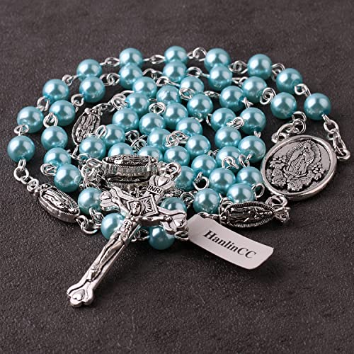 HanlinCC Guadalupe Catholic Rosary Glass Pearl Beads Necklace with Gift Box - color: Guadalupe Rosary Light Blue