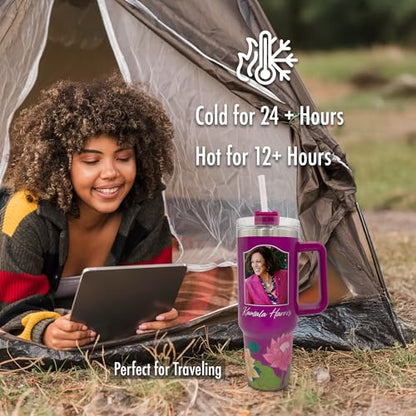40oz Kamala Harris Tumbler with Floral Design – Stainless Steel Insulated Drinkware for Women, Portrait of Kamala Harris, Handle, Straw, and Twist-On Lid – Leak-Proof Inspirational Gift - color: Kamala Harris