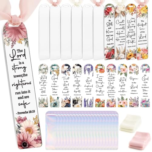 Dazoratix Christian Acrylic Bookmark Blanks - 60 Pcs Inspirational Bible Verse Making Kit Colorful Flower Religious Clear UV DTF Transfer Stickers with Ribbons DIY Craft for Reading Women Book Lovers