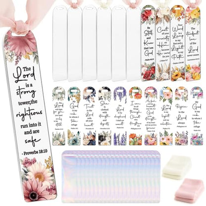 Dazoratix Christian Acrylic Bookmark Blanks - 60 Pcs Inspirational Bible Verse Making Kit Colorful Flower Religious Clear UV DTF Transfer Stickers with Ribbons DIY Craft for Reading Women Book Lovers