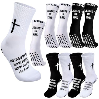 4 Pairs Cross Grip Soccer Socks, Us Size 6-12 - color: Black, White, style: Bible Verse