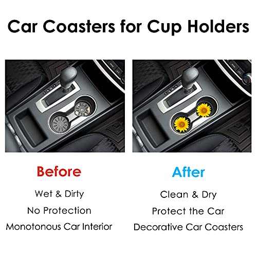 Car Coasters 2 Pack, Small 2.56" Stone Car Cupholder Absorbent Coaster Set for Women Men Drink Cup Holder Coasters (Sunflower) - color: Sunflower