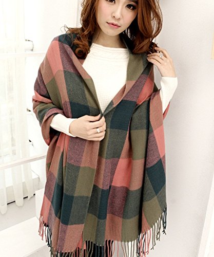 Wander Agio Women's Fashion Long Shawl Big Grid Winter Warm Lattice Large Scarf - color: Red Green