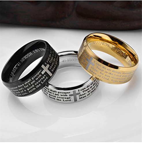 Men's Stainless Steel Bible Verse Christian Lord's Prayer Cross Ring Wedding Bands Engraved Praying - color: Silver