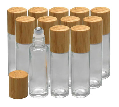 Glass Roll On Bottle with Bamboo Lid for Essential Oils 12Pcs - color: 12Pcs 10ml Clear