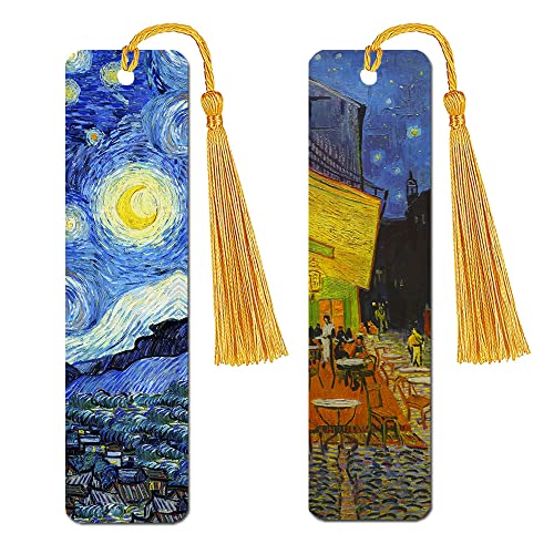 WIRESTER Set of 2 Metal Bookmarks with Light Gold Tassel for Students, Reader, Teachers, Book Lovers - The Starry Night Van Gogh, Cafe Terrace At Night Van Gogh - color: The Starry Night Van Gogh, Cafe Terrace at Night