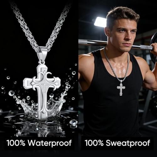MEALGUET Stainless Steel Crucifix Cross Pendant Necklace,Men's Cross Necklace with Chunky Byzantine Chain/Rolo Chain, Gift for Men - style: Silver-byzantine chain