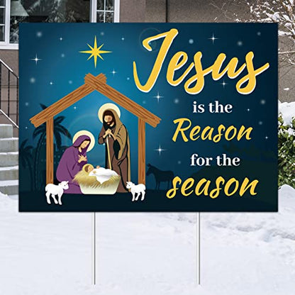 Jesus Is The Reason for The Season Yard Sign Christmas Outdoor Decorations Christmas Holiday Yard Lawn Sign with 2 Sticks Nativity Decoration for Church Home Businesses Stores Parties 19 x 14 Inch