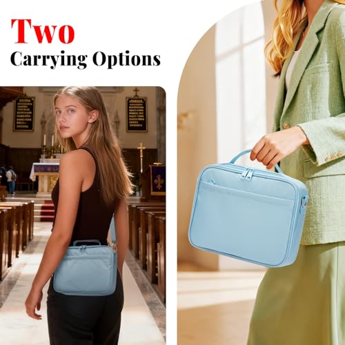 SUNEE Bible Cover for Women, Large Bible Bag w/Shoulder Strap Carrying Book Case w/Pen Slots and Zippered Pocket, Gift for Women & Men, Blue