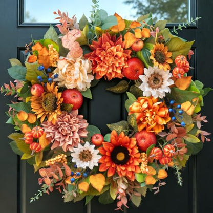 24 Inch Fall Wreaths for Front Door, Apple Wreath Artificial Autumn Wreath - color: Orange3