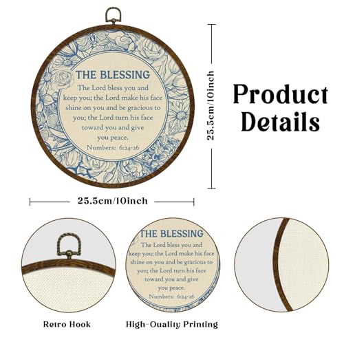 KLYTINK Christian Round Wall Art, The Blessing Bible Verse Numbers 6:24-26, Round Canvas Wall Decor with Frame, Blue Chinoiserie Floral Design for Home,Office 10x10Inch(Bible 6:24-26)