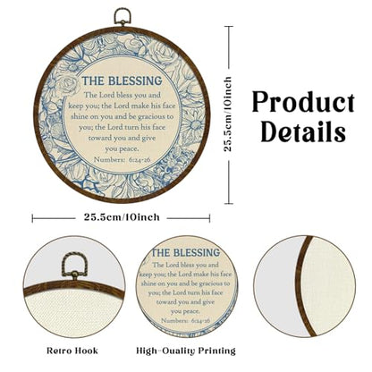 KLYTINK Christian Round Wall Art, The Blessing Bible Verse Numbers 6:24-26, Round Canvas Wall Decor with Frame, Blue Chinoiserie Floral Design for Home,Office 10x10Inch(Bible 6:24-26)