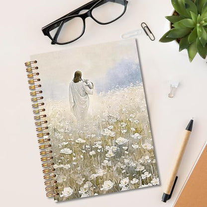 Jesus Leaves the 99 Sheep Christian Spiral Notebook 5.5x8.3, Bible Verse Prayer Journal for Women, White Flower Lamb Jesus Notebook for Note Taking, Christian Office Supplies - color: whtie-notebook-christian 13