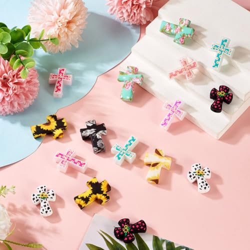 Beadthoven 20Pcs Cross Silicone Focal Beads Cow Flower Printed Silicone Beads for Pens Colorful Easter Jesus Crucifix Cross Shaped Rubber Spacers for Keychain Jewelry Making DIY Crafts - color: Mix Cross 10 Styles