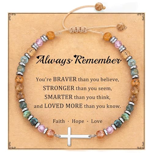 Cross Bracelets for Women Girls, Christian Gifts for Women Natural Stone Beaded Bracelets First Communion Confirmation Baptism Gifts Catholic Easter Christmas Inspirational Gift Jewelry - color: African Turquoise 2 - Always Remember