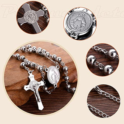 30" Stainless Steel Rosary Beads Necklace 6mm Silver Color with Jesus Christ Crucifix Cross Daily Prayer Baptism Confirmation Christmas Gift
