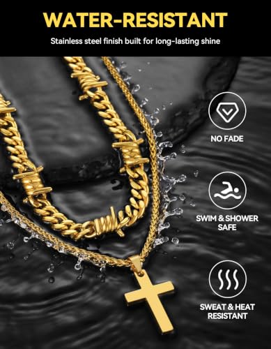 ChainsHouse Mens Cross Necklace Stainless Steel Layered Chain Cross Pendant - color: Gold