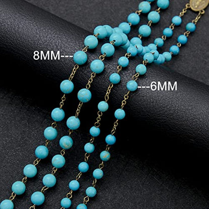 KOMI Rosary Beads Catholic for Women Gemstone Rosary Beads Necklace with Crucifix Cross Crystal Pearl Rosary Rosarios Catolicos Catholic Gifts - style: 6mm Turquoise