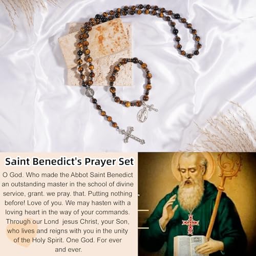Rosary for Men Women, Natural Stone Beads with St. Benedict Bracelet - color: Tiger Eye