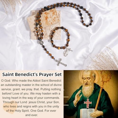Rosary for Men Women, Natural Stone Beads with St. Benedict Bracelet - color: Tiger Eye