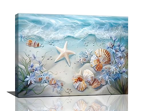yerretin Beach Seashell Bathroom Wall Art Coastal Starfish Pictures Wall Decor Modern Home Canvas Painting Decorations Artwork for Living Room Bedroom Office Framed, 16"x12" - color: Sealife Flower, size: 16"L x 12"W