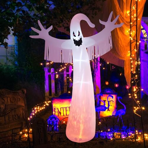 12FT Halloween Inflatables Outdoor Decorations: Inflatable Ghost with Fire Flame and Blinking Red Eyes, Blow up Decor for Yard Garden Lawn Home Holiday Party - style: White Ghost