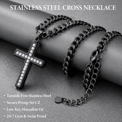 Cross Necklace for Men, Cuban Chain with Cubic Zirconia Pendant - color: BLACK