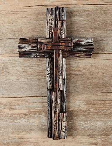 Eagrafts Rustic Decorative Layered Wood Like Resin Wall Cross With Faux Iron Nails, Home Wall Decor