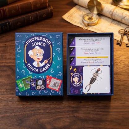 Professor Jones Trivia Card Game – 450 Multiple Choice Questions, 3 Difficulty Levels, Guess the Photo Challenge Cards – Party Activity for Teens, Family Game Night, Group Gatherings