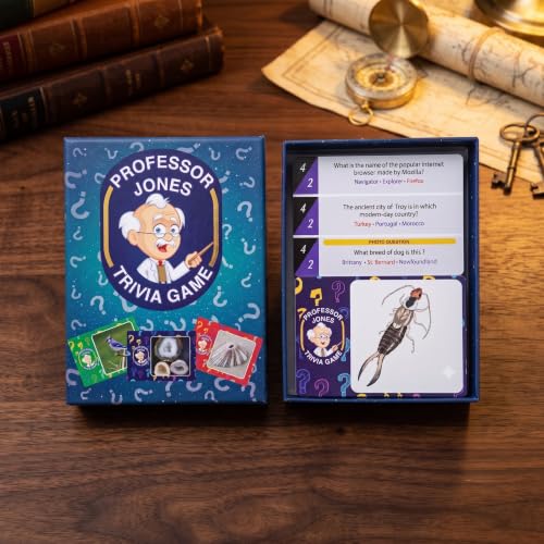 Professor Jones Trivia Card Game – 450 Multiple Choice Questions, 3 Difficulty Levels, Guess the Photo Challenge Cards – Party Activity for Teens, Family Game Night, Group Gatherings