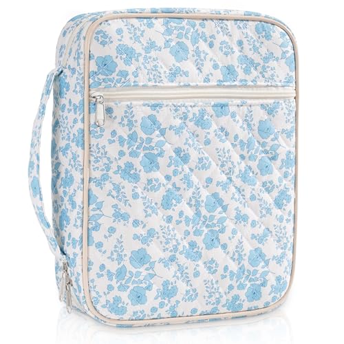 Bible Cover Case for Women Large Floral Bible Bag Organizer Quilted Study Supplies Accessories Carrying Cases for Girls Portable Tote Bag Christian Gifts - color: Blue Flower