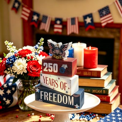 4 Pcs 250th Anniversary 4th of July Table Decorations Eagle Patriotic Wooden Block Signs Memorial Day Tiered Tray Decor Red White Blue Table Centerpieces Independence Day Decorations for Home Office Shelf - style: Eagle