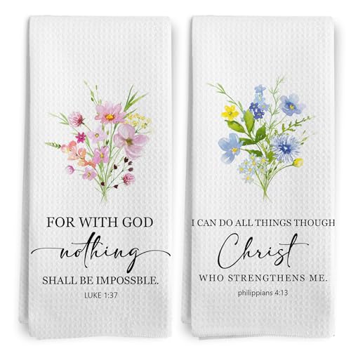 Christian Floral Kitchen Towels Set of 2, Christian Gifts for Women, Bible Verse Decor Dish Tea Towels for Kitchen, Faith Based Gifts Decorative Hand Towels for Bathroom, 16x24 Inches - color: Bible Floral-4