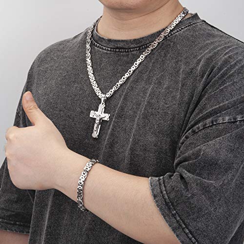 Mens Stainless Steel Silver Gold Jesus Cross Pendant Necklace Chain Bracelet Set Jewelry 45/50/55/60/65/70/75cm - style: Style 01-Silver Tone