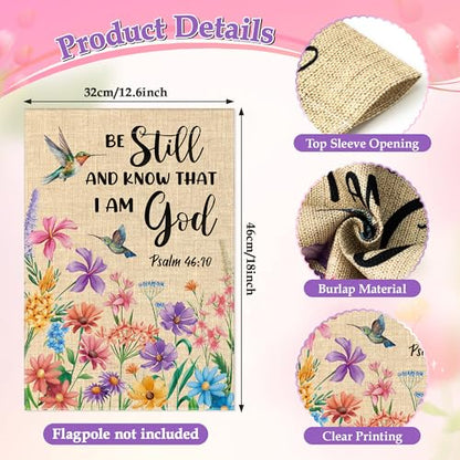 WATINC Christian Hummingbird Flower Garden Flag - 12 x 18 Inch Linen Religious Be Still and Know That I am God Yard Flag for Outside, Spring Summer Double Sided House Outdoor Decor for Porch Lawn