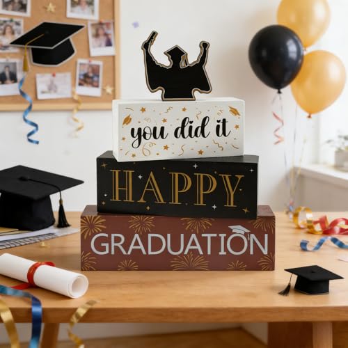 4 Pcs Class of 2026 Wooden Block Signs Senior 2026 Graduation Table Decorations Graduation Tiered Tray Decorations Graduation Centerpieces for Tables Congrats Grad Tabletop for Home Decor - style: Graduation