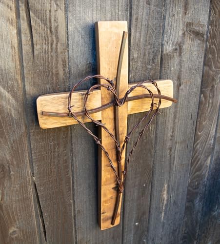 Eco Wine Furniture Rustic Wooden Wall Cross with Barbed Wire Double Heart Design, Handcrafted Religious Home Decor
