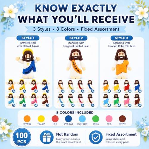 Mini Jesus Figures 100 Pack, Jesus Loves You Bulk Figurines - color: Multicolor – 100 Pcs + 6 Bookmarks