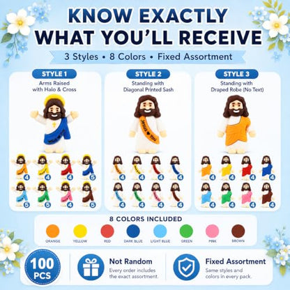 Mini Jesus Figures 100 Pack, Jesus Loves You Bulk Figurines - color: Multicolor – 100 Pcs + 6 Bookmarks