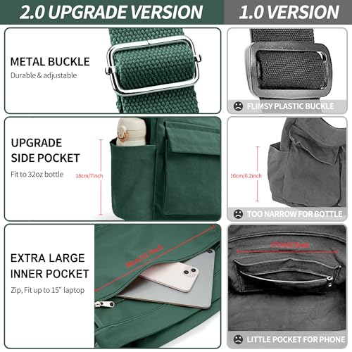 KALIDI Canvas Tote Bag Zipper Large Crossbody Shoulder Bag Messenger Bag - color: Upgraded Dark Green