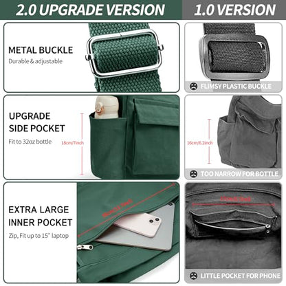 KALIDI Canvas Tote Bag Zipper Large Crossbody Shoulder Bag Messenger Bag - color: Upgraded Dark Green