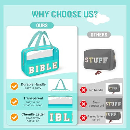 Chenille Letter Bible Bag Case for Girls,Large Study Supplies Church Bag Cover Purse Fits All Bibles,Cute Preppy Christian Tote with Handle Zipper Bible Accessories Gifts for Women(BIBLE-Green) - color: Bible-green
