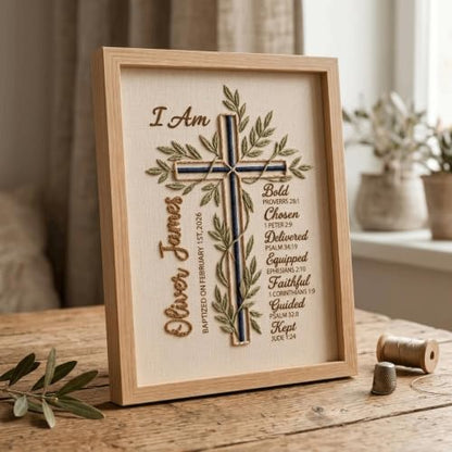 NAZENTI Custom Hand Embroidery Wooden Frame Sign Baptism Gift for Boy, Personalized Embroidered Floral Sign with Name - color: DS05