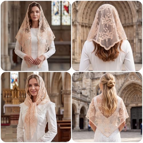 Lystaii Triangle Lace Mantilla Veil Catholic Chapel Head Covering Scarf - color: Champagne