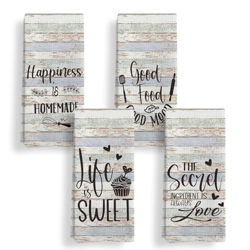 Retro Farmhouse Kitchen Towels Set of 4, Happiness Kitchens Quotes Decorative Dish Tea Towels, Vintage Rustic Hand Towels for Kitchen Dining Room, 16X24In
