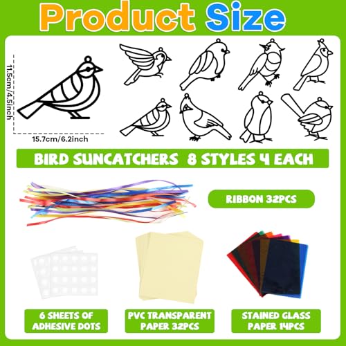 Lonfliness 32 Sets Bird Suncatchers Craft Kit DIY Birds Window Stained Glass Effect Paper Spring Home School Classroom Decoration Art Craft Creative Activity Project Gift Favor - style: Bird