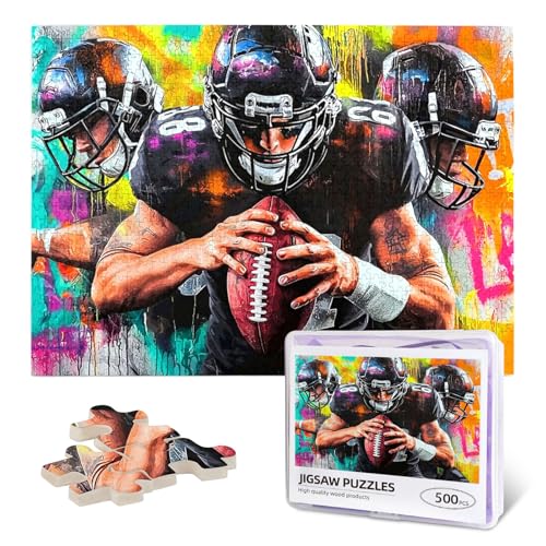 American Football Jigsaw Puzzles for Adults 500 Pieces Football Painting Wooden Jigsaw Puzzle Graffiti Colorful Sports Rugby Player Puzzle for Friends Home Decor - color: Football, size: 500PCS
