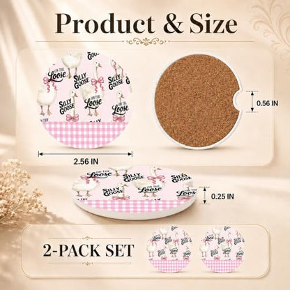 Pink Plaid Car Coasters Set of 2, Cute Goose Car Accessories, 02 - color: Cute Goose